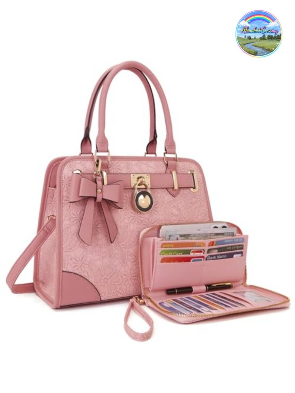 Floral Satchel Handbag with Large RFID Wallet Wristlet Women Purse